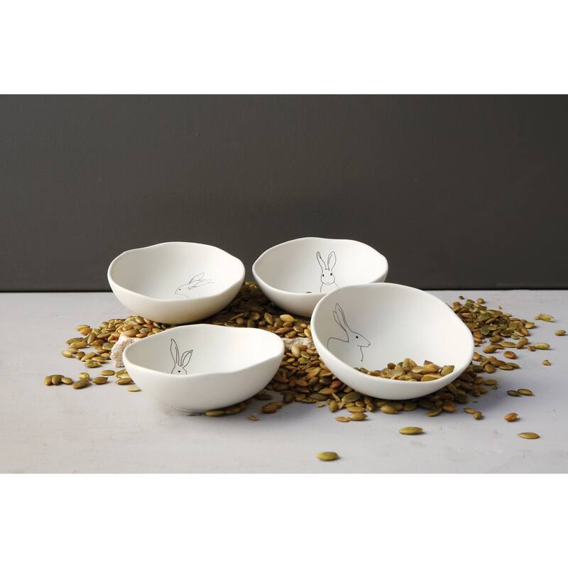 Stoneware Bowls with Rabbit Drawings - 4.0"L x 4.0"W x 1.5"H - 4.0"L x 4.0"W x 1.5"H - White - 4 Piece