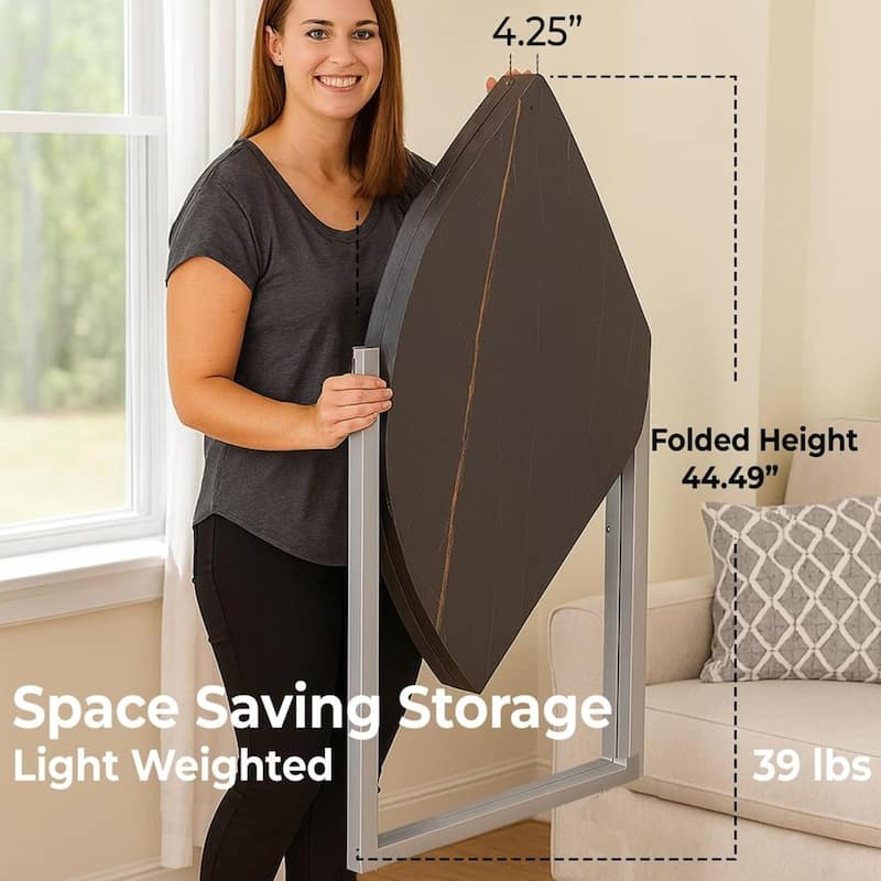 Black Carrera Foldable Round Trifold Table 35" Space-Saving Multi-Use