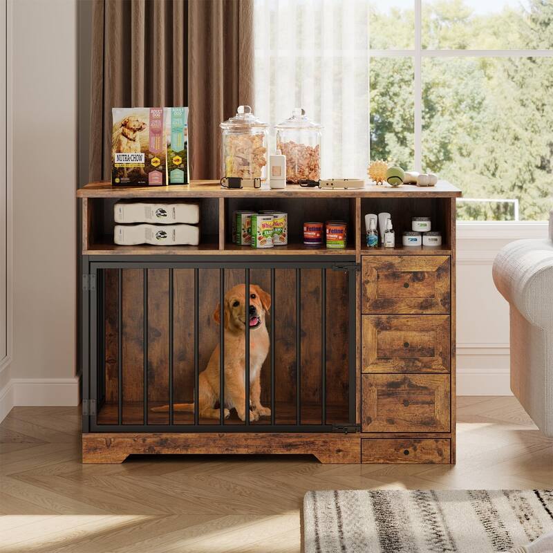 Retro Brown 48 Inch Dog Crate Furniture, Indoor Dog Kennel with Hidden Bowl