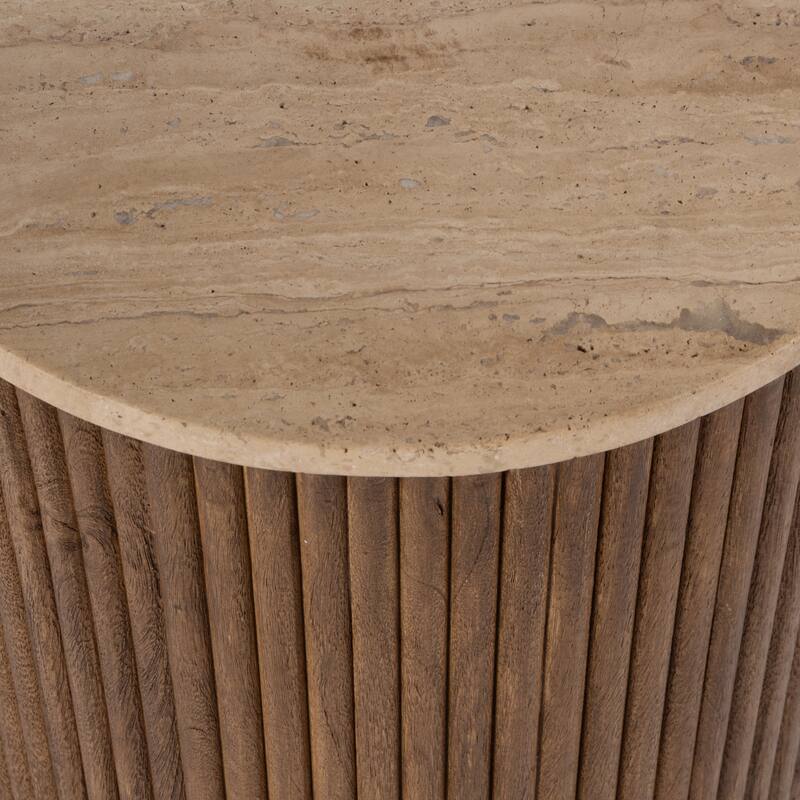 Ruby 15 in. W Round Fluted Travertine and Wood Side Table