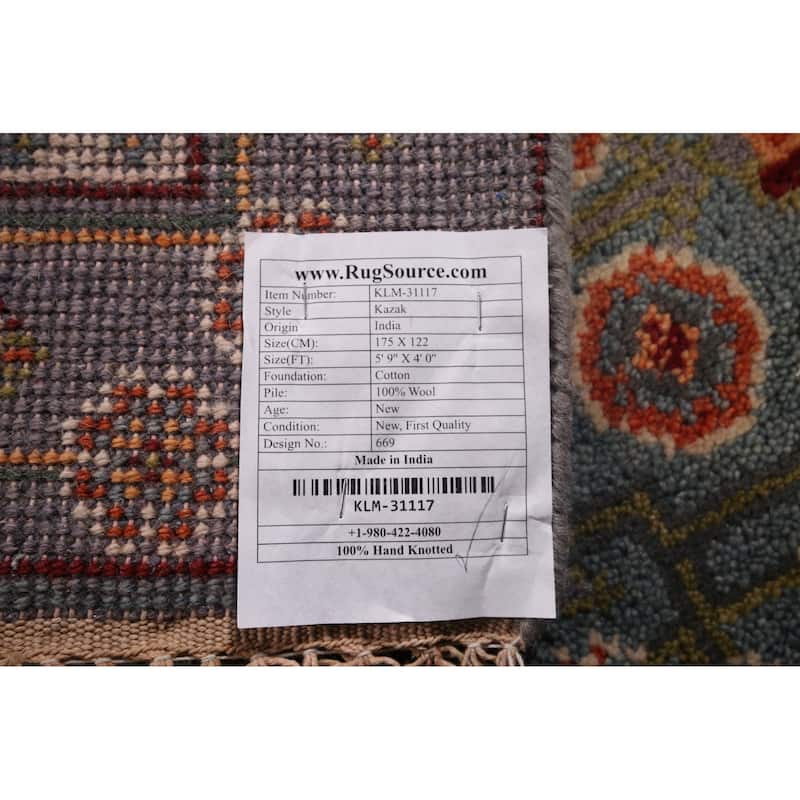 Geometric Kazak Indian Area Rug Hand-Knotted Wool Carpet - 4'0"x 5'9"