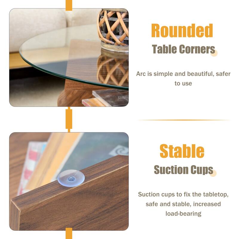 Round Tempered Glass Coffee Table with Fan Shaped Pedestal and Walnut Legs