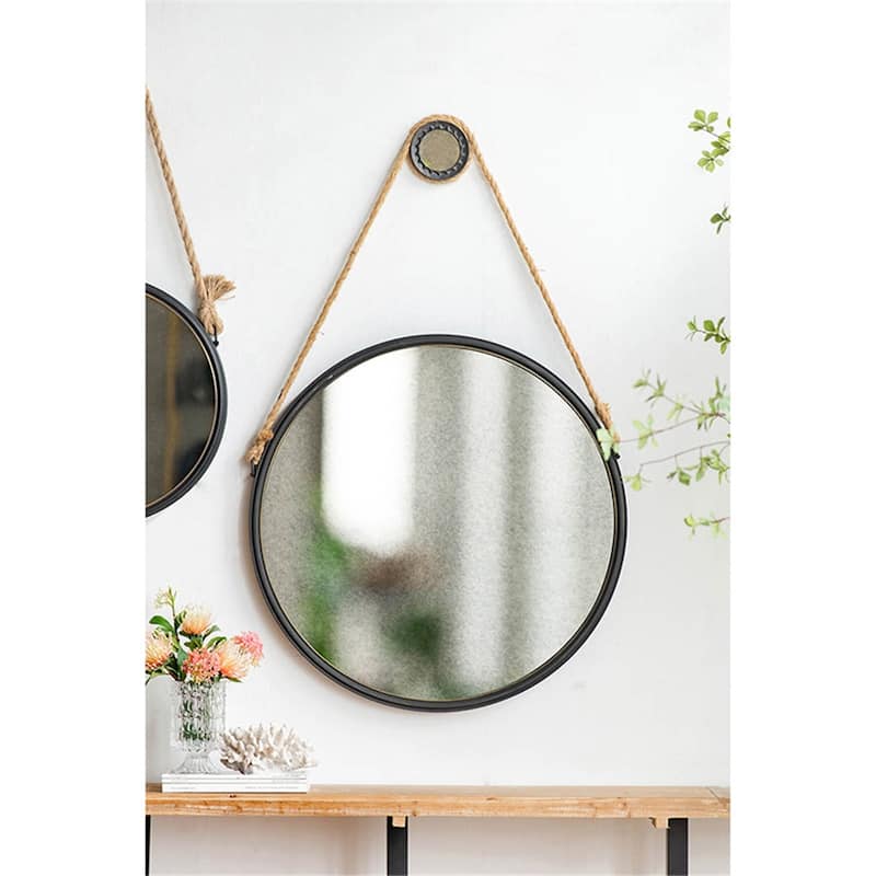 On-trend Hanging Round Mirror with Black Framed and Rope Strap