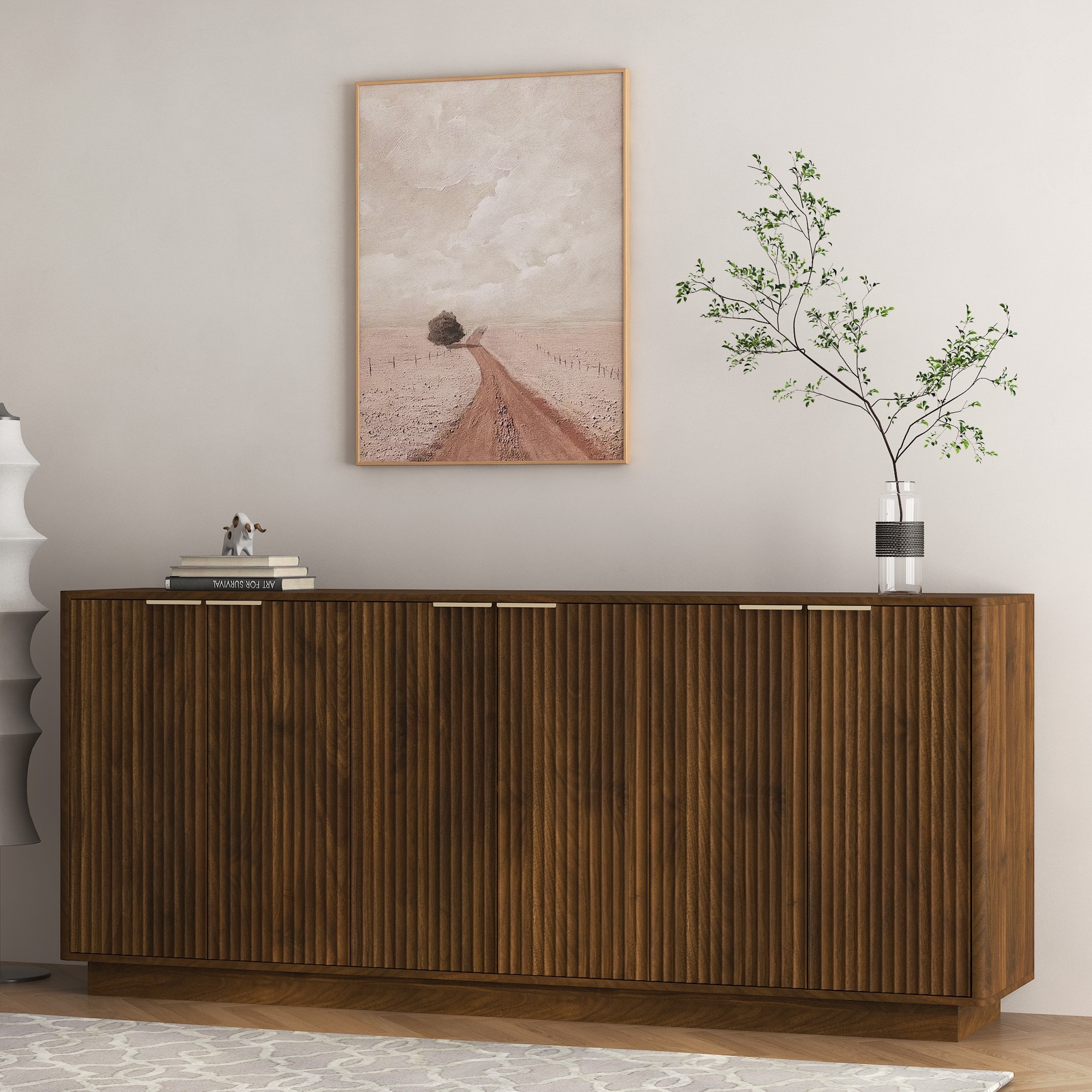 Fluted Wood Sideboard Large Buffet with Adjustable Shelves by GDFStudio