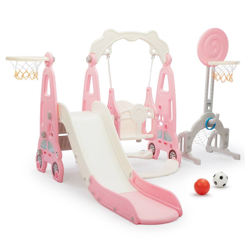 5-in-1 Kids Slide with Swing, Basketball Hoop and Toss Ring