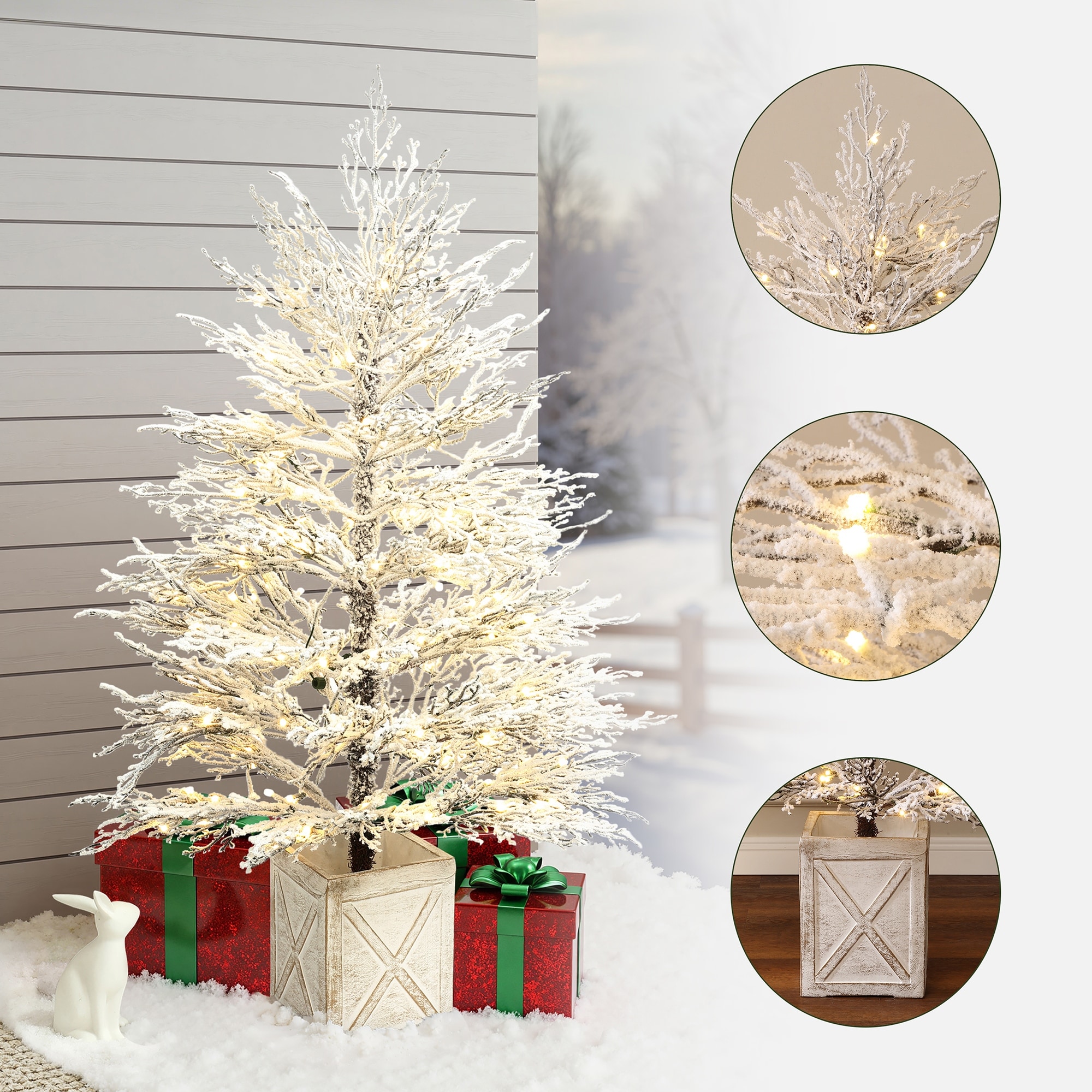 5Ft Pre-Lit Snowy Artificial Christmas Tree in MgO Crate - 60" H x 36" Diameter