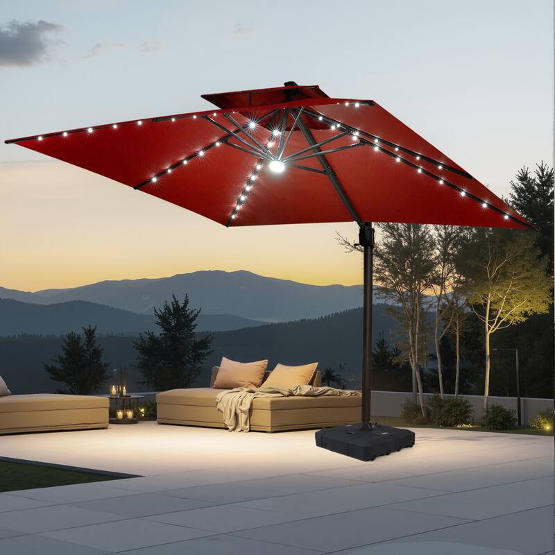 VredHom 11X11 FT Outdoor Square Cantilever Patio Aluminum Umbrella Solar LED Light with Wheel Base - Red