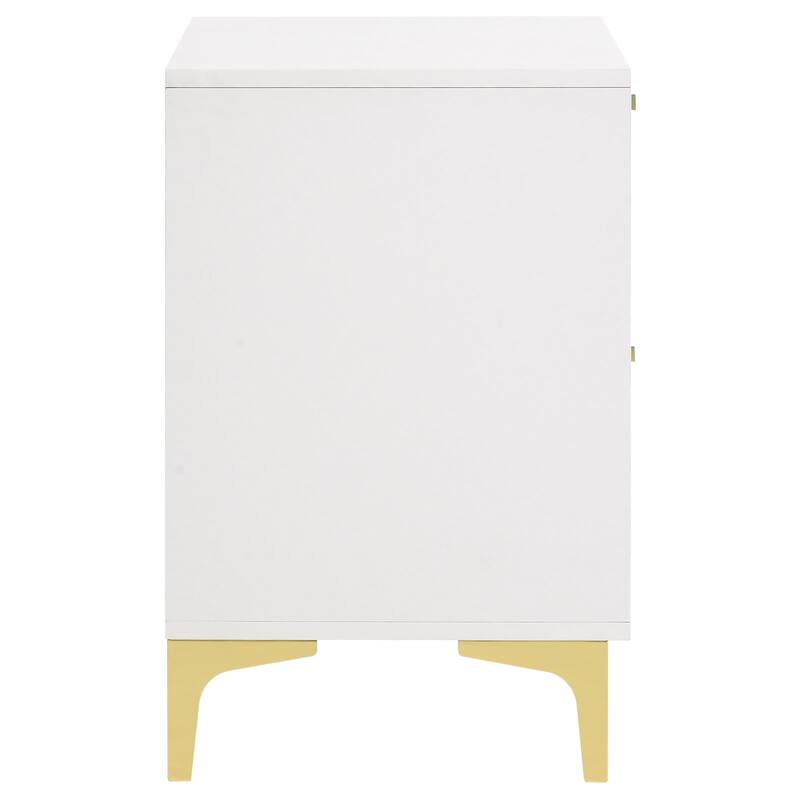 White and Gold 2-Drawer Rectangular Nightstand with Gold Pull Handles