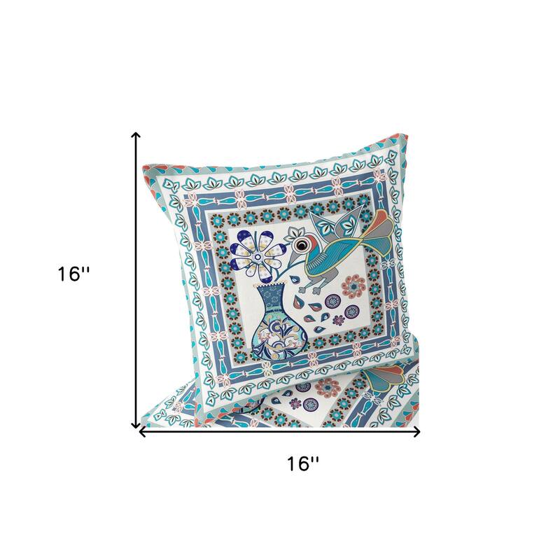 HomeRoots Set of Two 16" X 16" Blue and Off White Peacock Blown Seam Floral Indoor Outdoor Throw Pillow