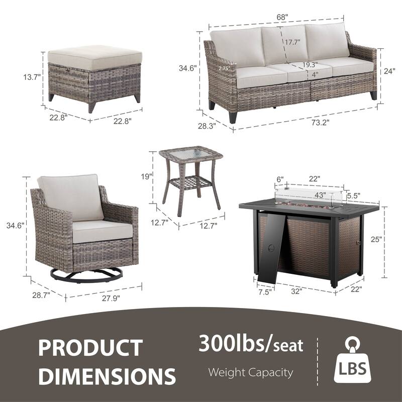 Glissia 7-Piece Gray Wicker Fire Pit Conversation Set with Wicker fire pit