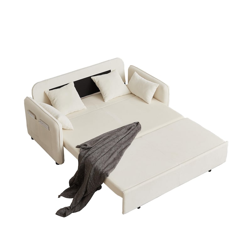3-in-1 Pull Out Sleeper Sofa Bed, Convertible Corduroy Loveseat Couch with Casters, 4 Pillows and Side Pockets for Living Room