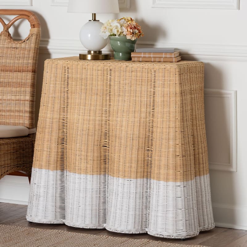 Palm Scallop Natural Rattan Console Table – Handwoven Wicker Accent Table for Hallway or Entryway, Coastal Décor, Rectangle - 36" - Natural Brown/White