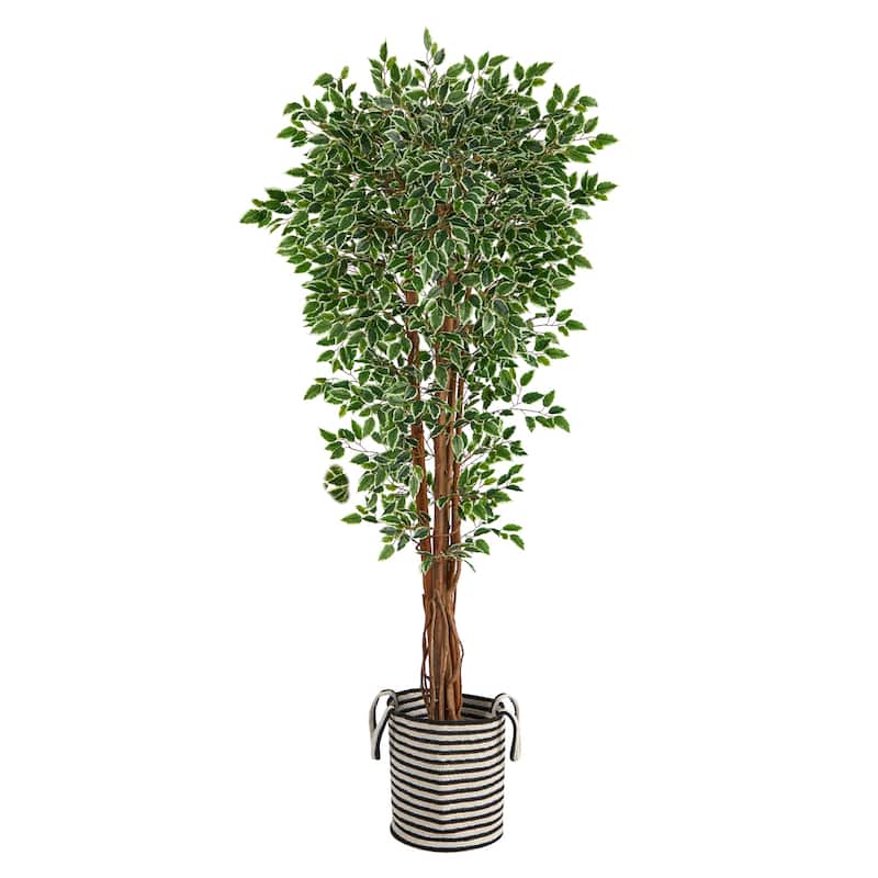 70in Variegated Ficus Artificial Tree in Handmade Black and White Jute Planter with UV Resistant Green Foliage Decor