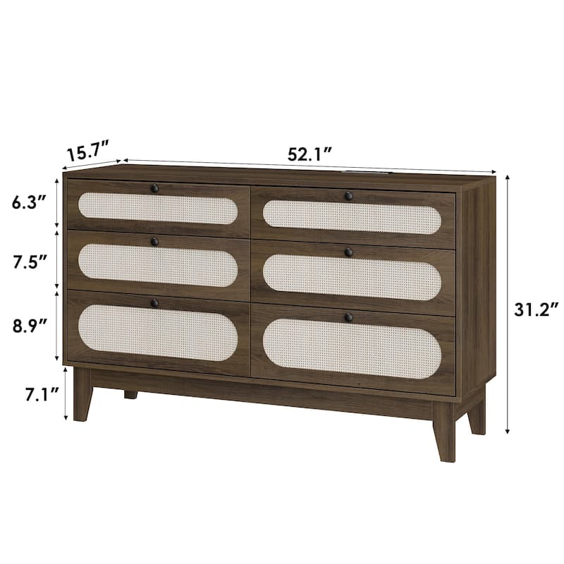 6-Drawer Rattan Dresser with Power Outlet, Wooden Chest of Drawers