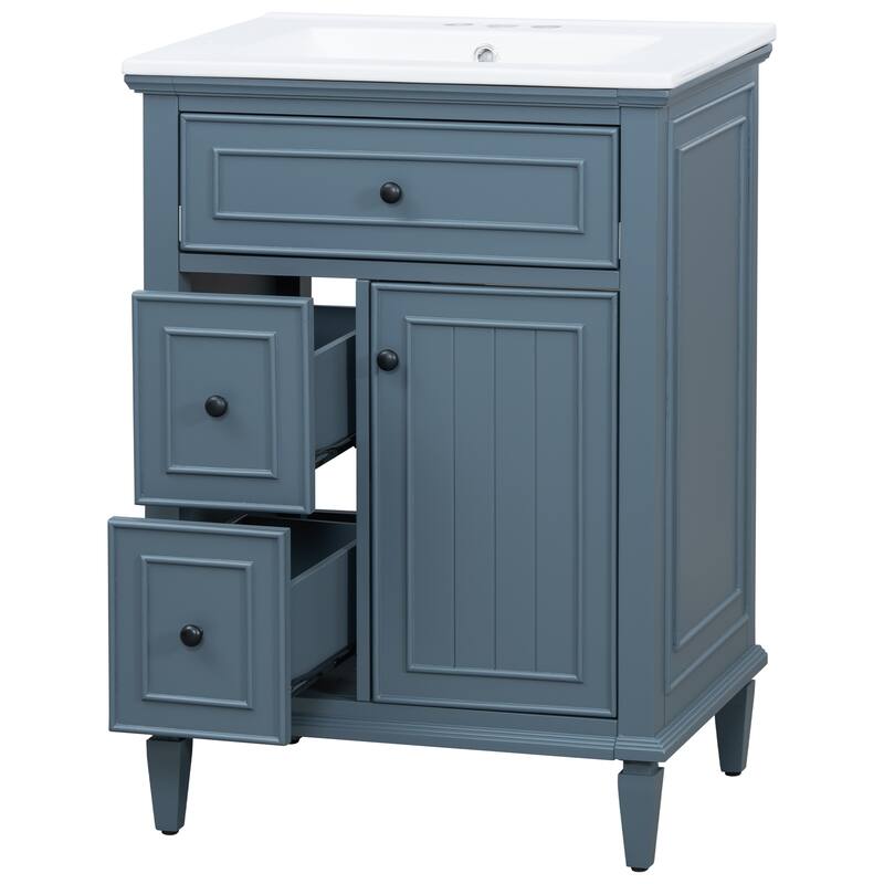 24" Bathroom Vanity with Sink - Solid Wood/MDF Cabinet, Flip Drawer + 2 Drawers, Adjustable Shelf