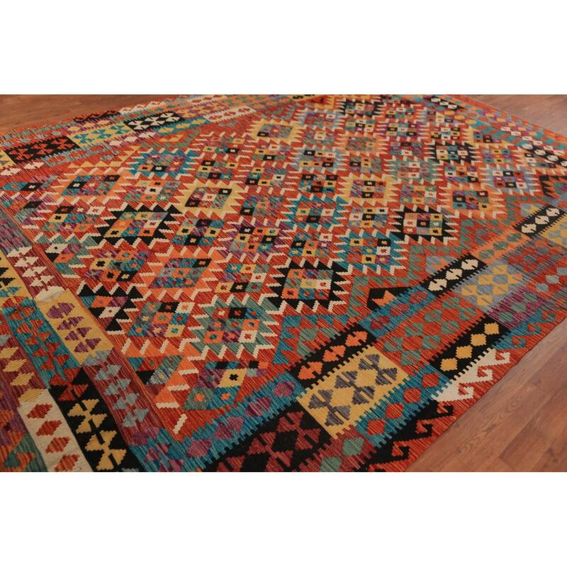 Orange Kilim Oriental Area Rug Hand-Woven Geometric Wool Carpet - 8'0"x 11'8"