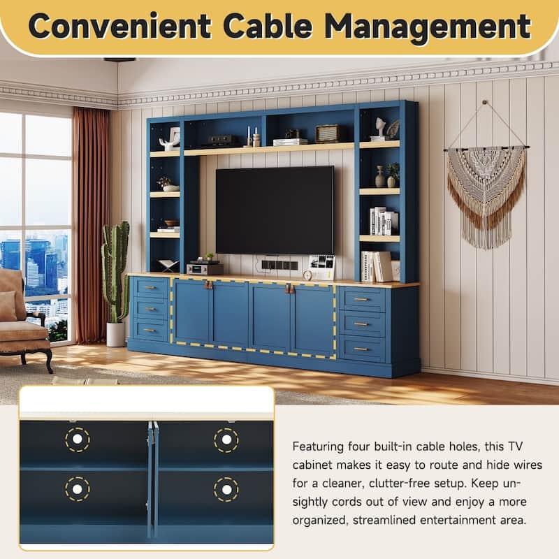 102.3" Farmhouse 4-Piece Entertainment Center Wall Unit with Adjustable Shelves,6 Drawers