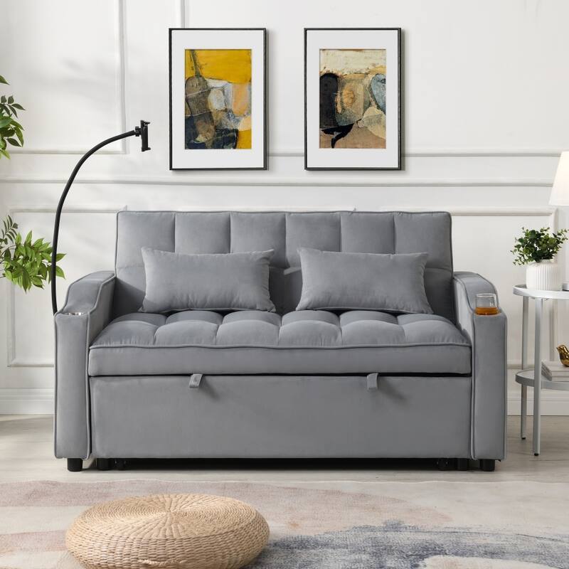 Modern Velvet Loveseat Futon Sofa with adjustable Reclining Backrest,Toss Pillows and Pockets - Light Grey