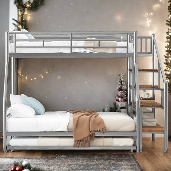 slide 2 of 10, Twin over Full Size Metal Bunk Bed with Trundle and Storage Staircase Silver