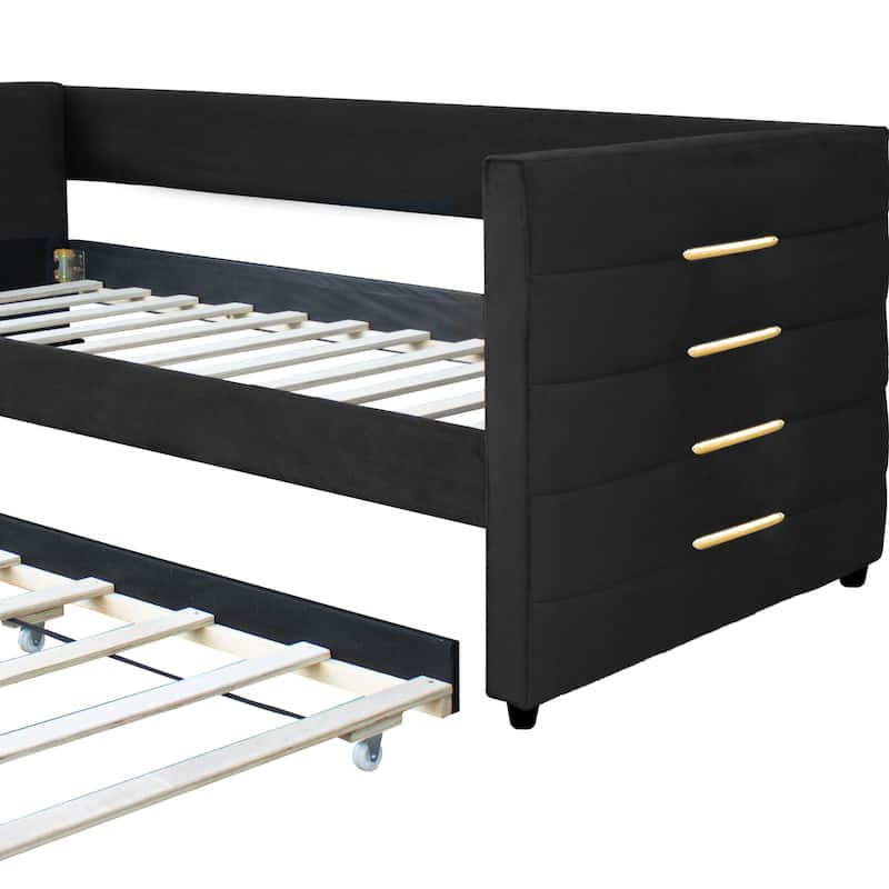 Black Velvet Upholstered Daybed with Gold Accent Strips & Trundle, Twin Sofa Bed for Bedroom, Livingroom, No Box Spring Required