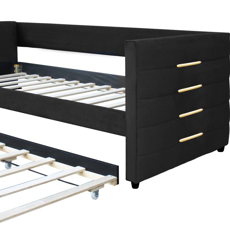 Modern Twin Size Daybed with Trundle, Upholstered Black Velvet Sofa Bed Frame with Gold Accents, Space-Saving Guest Bed