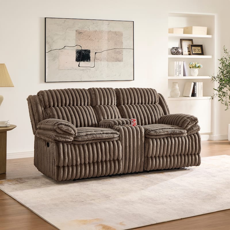 Roundhill Furniture Ardello Manual Reclining Loveseat with Wide-Wale Corduroy Upholstery and Storage Console, Chocolate