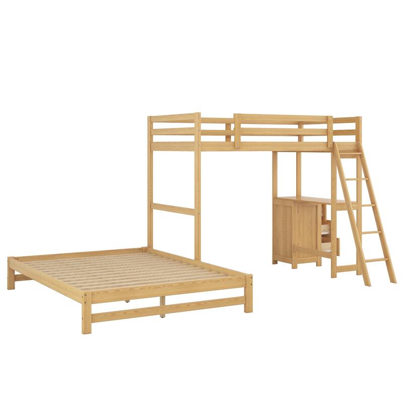 Twin over Full L-Shaped Bunk Bed Multi-Functional Pine Wood Bunk Bed Frame with All-in-One Desk and 3 Drawers