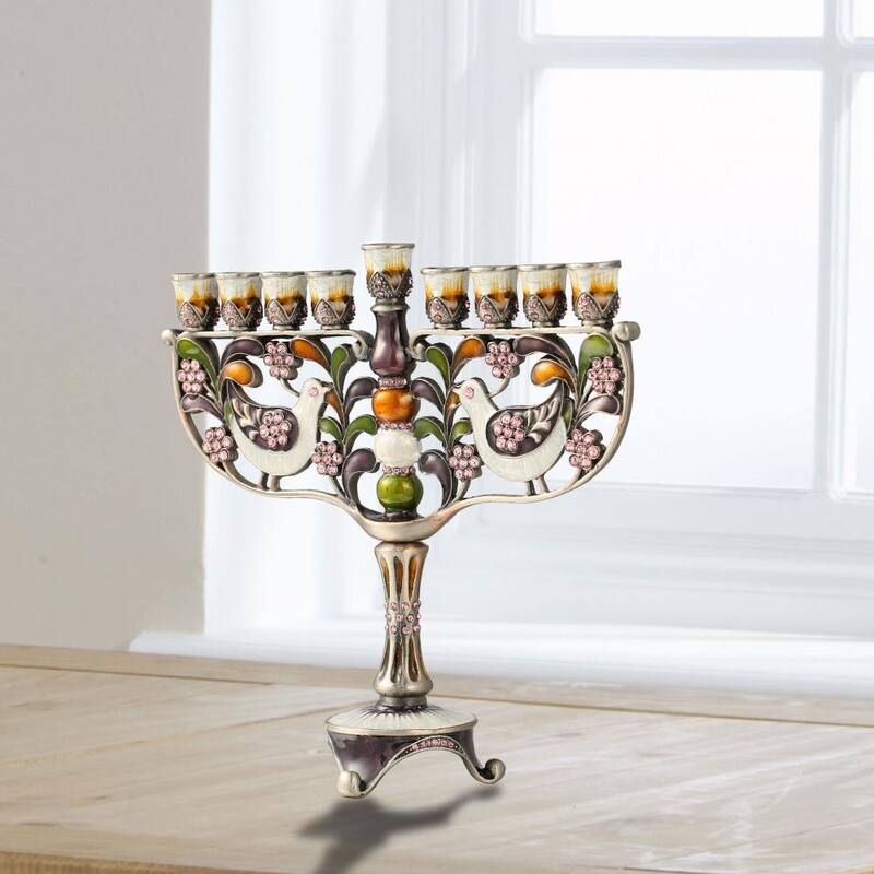 HandPainted Enamel Menorah Candelabra w/Gold Accents Matashi Crystals