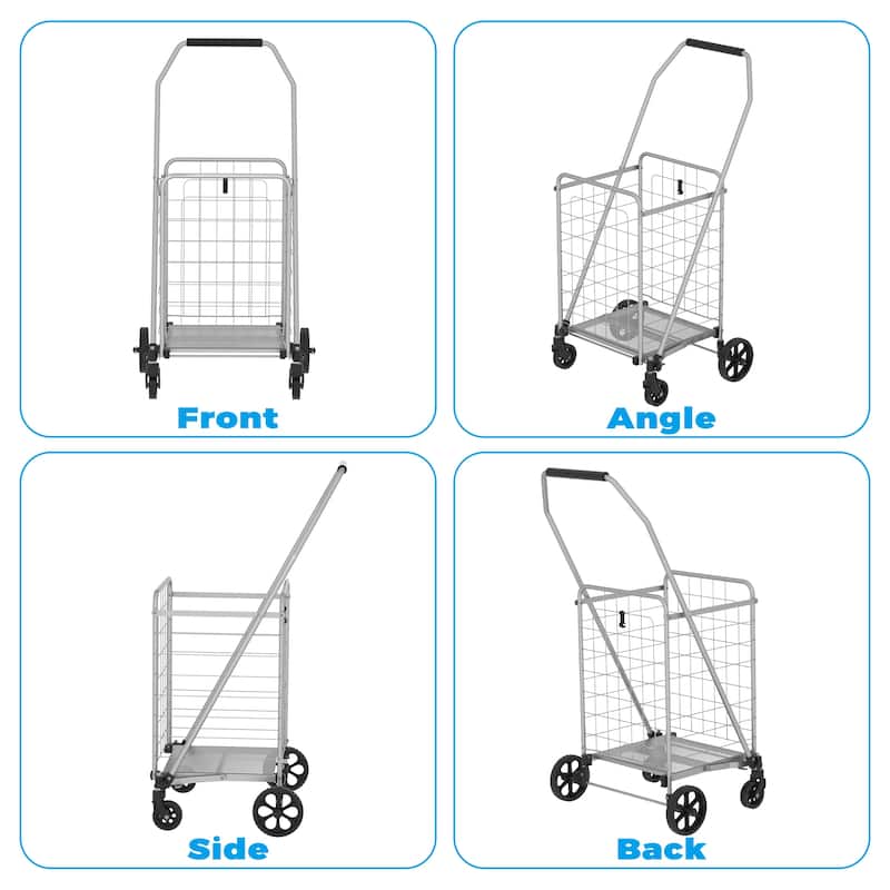 Foldable Grocery Shopping Cart with Shelf & Double Basket and 360 Rolling Swivel Wheels