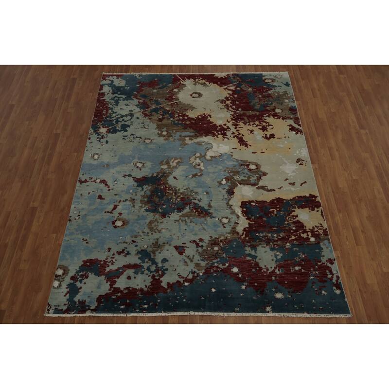 Hand Knotted Oriental Silk Carpet Modern Abstract Navy Blue & Blues Contemporary Area Rug - 10' 2'' X 8' 1''