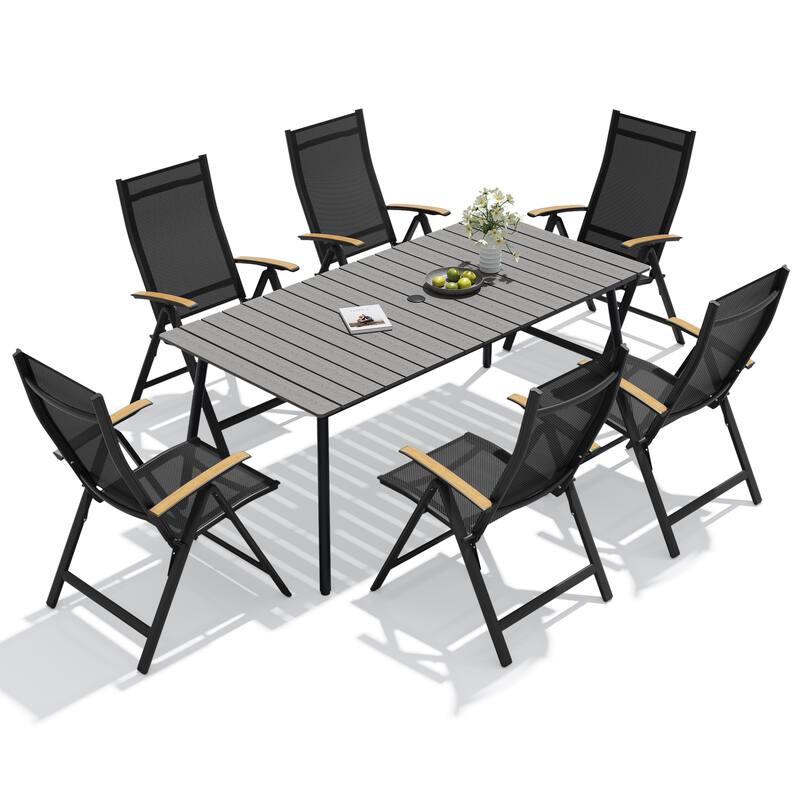 7-Piece Outdoor Patio Dining Set WPC Table Top Alumium Umbrella Hole Table with Folding Armrest Chairs - Grey