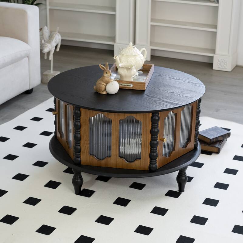 31.5-inch Round Three-Door Storage Coffee Table, Modern Real Wood Veneer Coffee Table, Suitable for Living Room