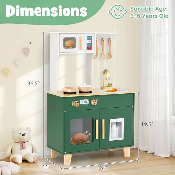 dimension image slide 0 of 2, Costway Kids Play Kitchen with Microwave Stoves Rotation Knobs Ice - See Details