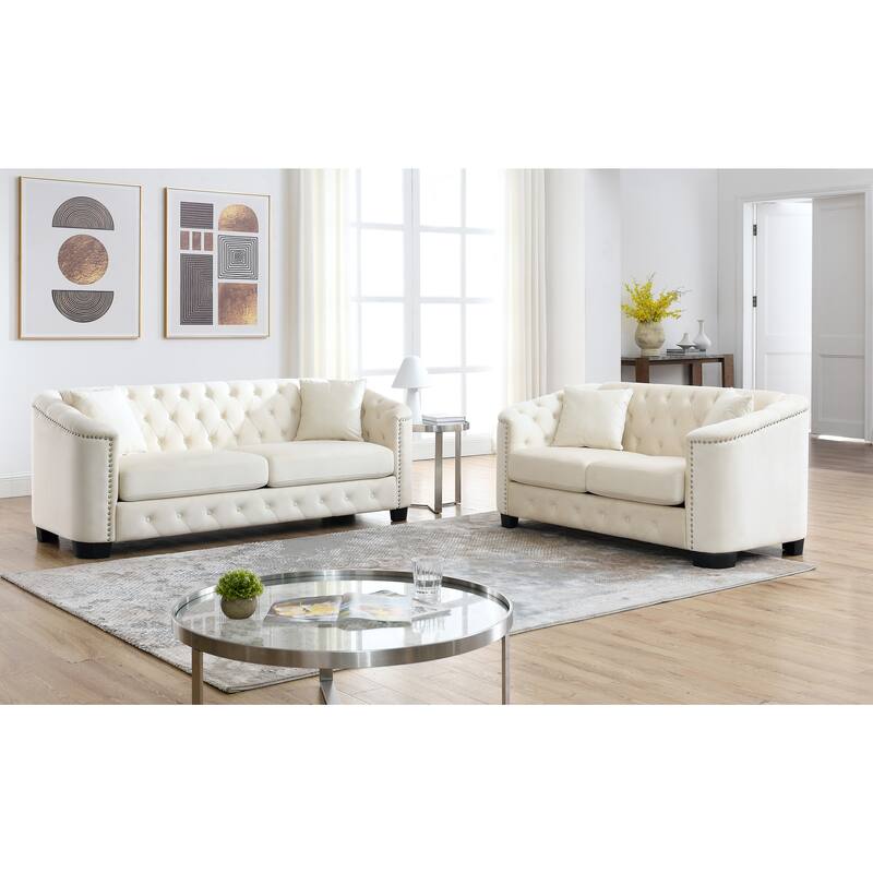 Velvet 3-Person Sofa with Nailhead Trim and Handcrafted Design