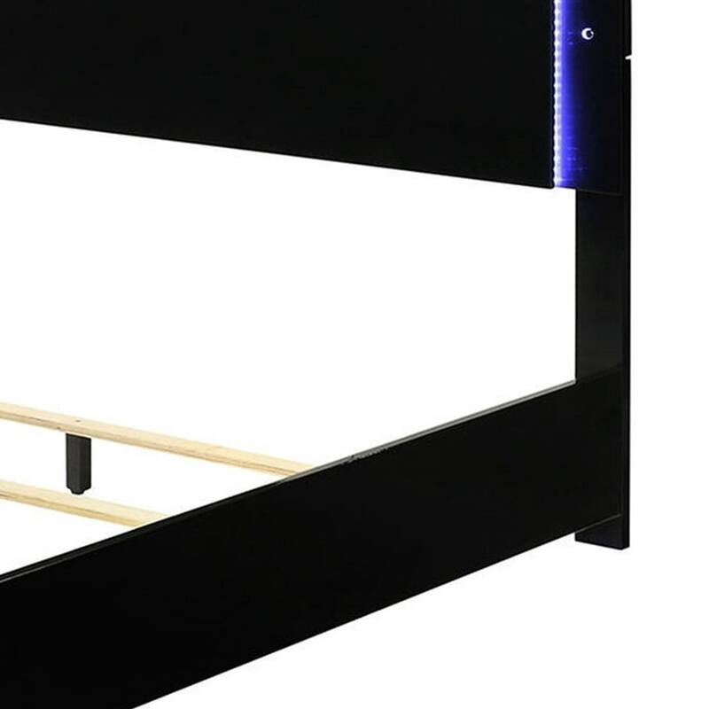 Suni Queen Size Bed w LED Headboard, Piano Black Wood Frame