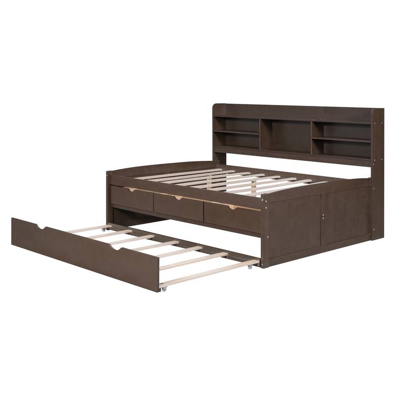 Wooden Captain Bed Platform Bed Frame with Rectangular Storage Headboard Built-in Bookshelves, 3 Storage Drawers and Trundle