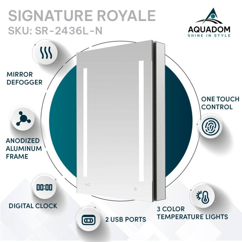 AQUADOM Signature Royale 24W LED Medicine Cabinet Defogger, 3X LED Vertically Adjustable Magnifying Mirror, Electrical Outlets