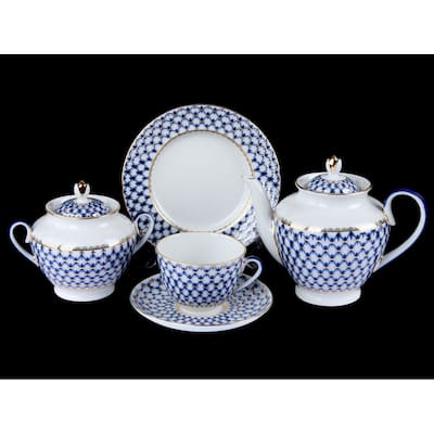 Imperial Porcelain Factory Lomonosov Cobalt Netting 20 pc. Tea Set for 6