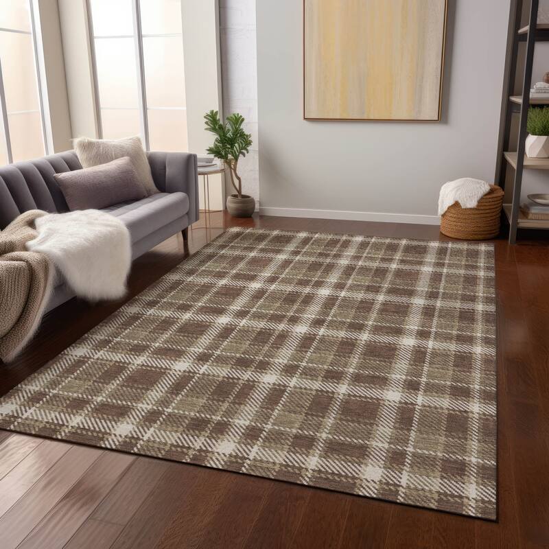 Machine Washable Indoor/ Outdoor Traditional Plaid Chantille Rug