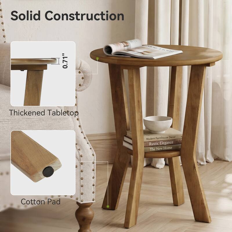 Round Farmhouse End Table with Shelf for Bedroom & Living Room
