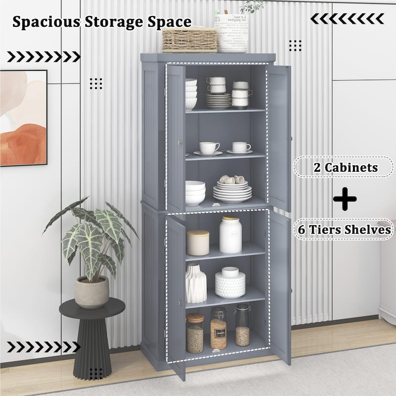 Freestanding Tall Kitchen Pantry,Storage Cabinet Organizer with 4 Doors and Adjustable Shelves - Gray