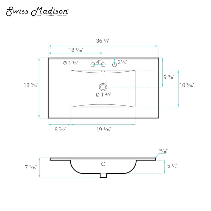 36" 3-Hole Widespread Vanity Sink Top In Glossy Black - 36