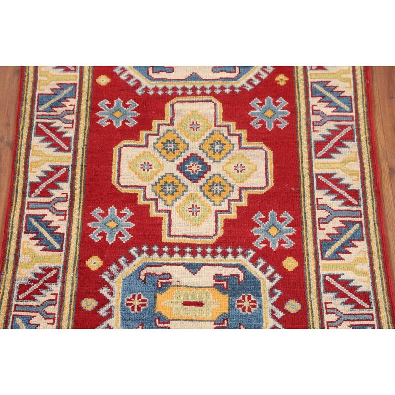 Red Geometric Kazak Foyer Rug Handmade Wool Carpet - 2'8" x 4'3"