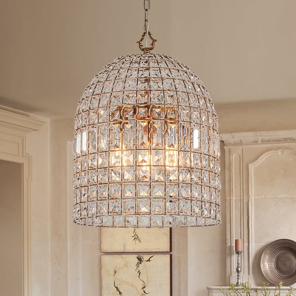 slide 2 of 55, Vintage Glam Crystal Bird Cage Lantern Chandelier - Distressed Brass Medium-Gold