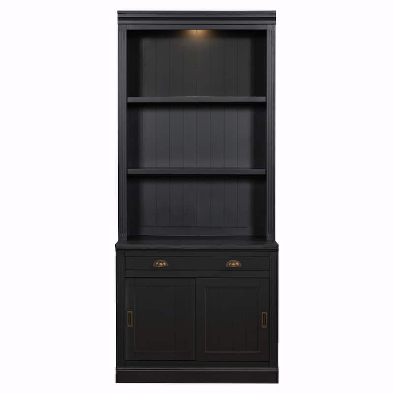 83.4" Tall Bookshelf with LED Lighting, Sliding Doors and Open Shelves