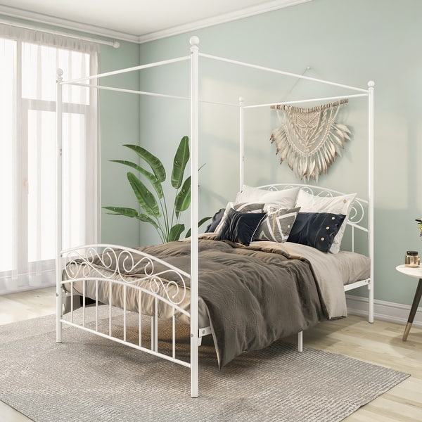 slide 1 of 5, Full White Metal Canopy Bed Frame with Ornate European Style Headboard / Footboard