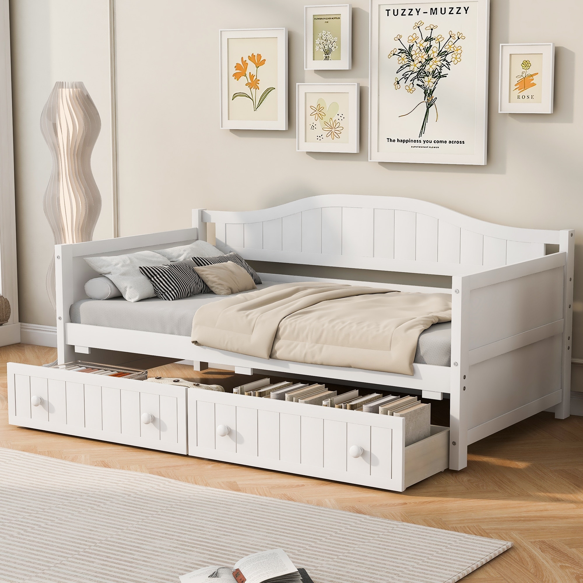 Roomfitters Wooden Twin Daybed with Two Storage Drawers Cottage Pine Frame White