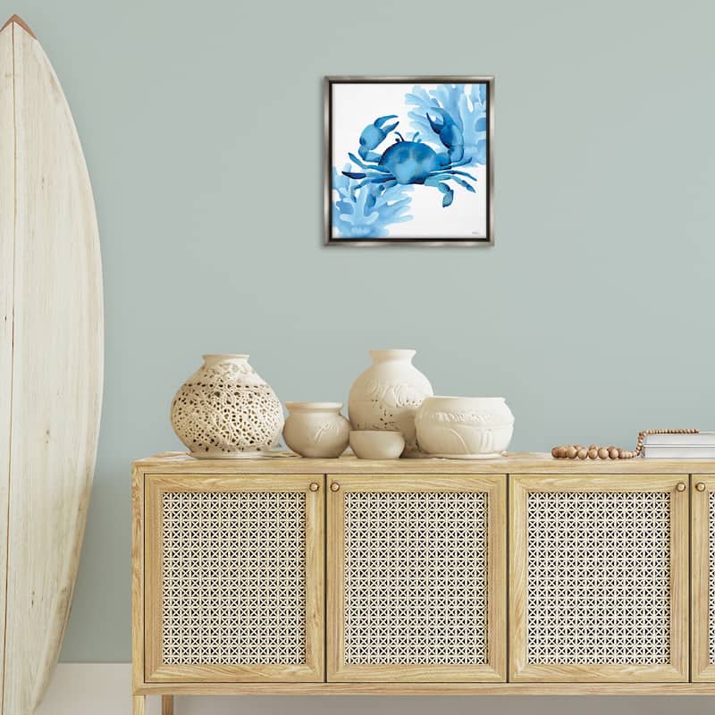 Stupell Blue Tone Crab & Coral Framed Floater Canvas Wall Art Design By Cat Thurman Designs