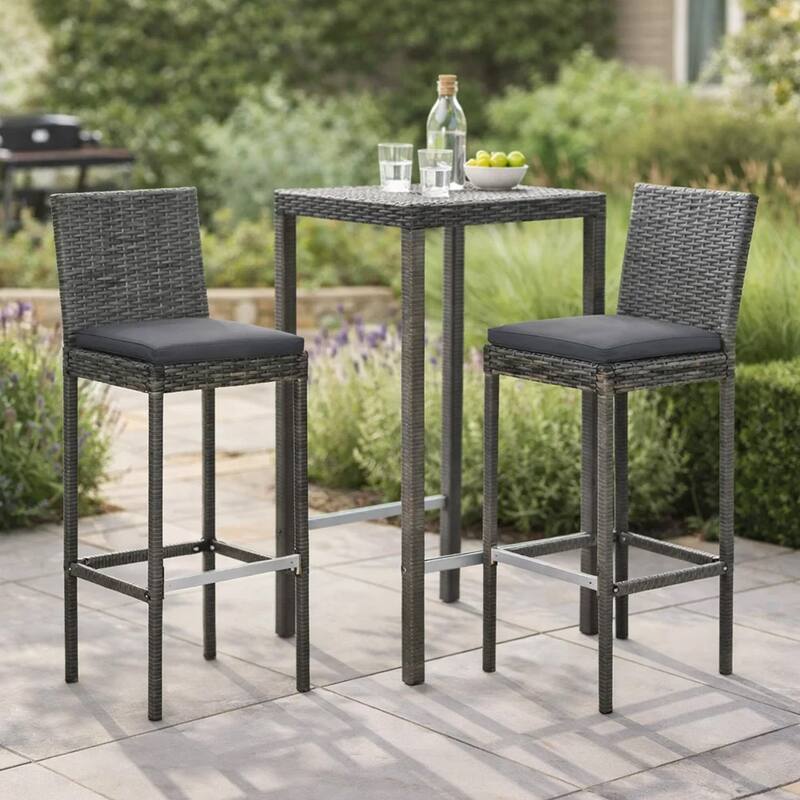 4pc Outdoor Patio Barstool Chair with Cushions, Gray Woven Poly Rattan