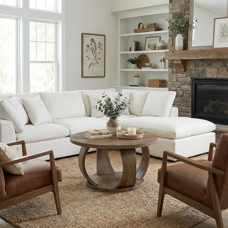 Round Coffee Table, 2-Tier Coffee Table with Storage, Wooden Center Table for Living Room, Apartment, Small Space